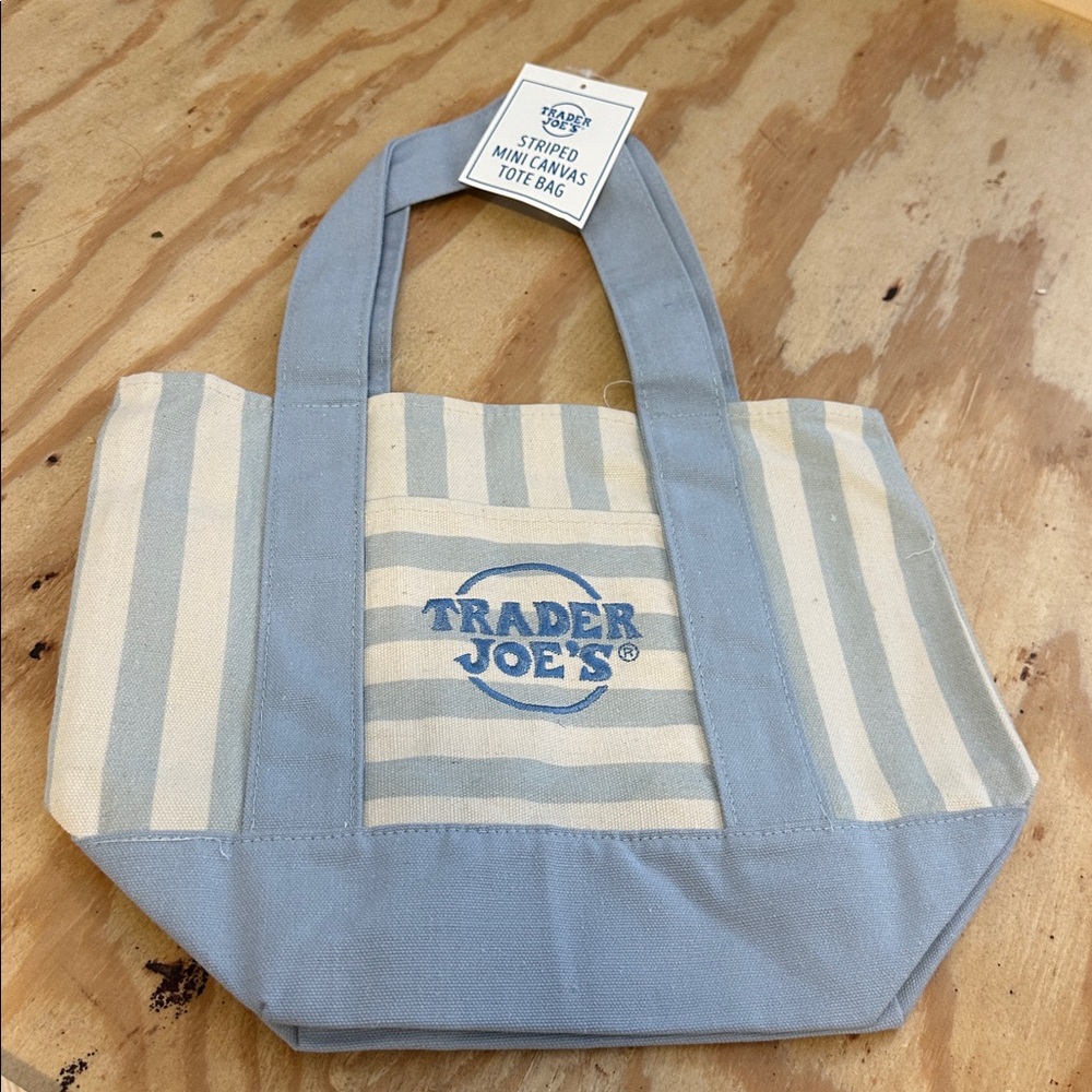 Trader Joe’s, mini canvas tote bag in blue / seafoam stripes
